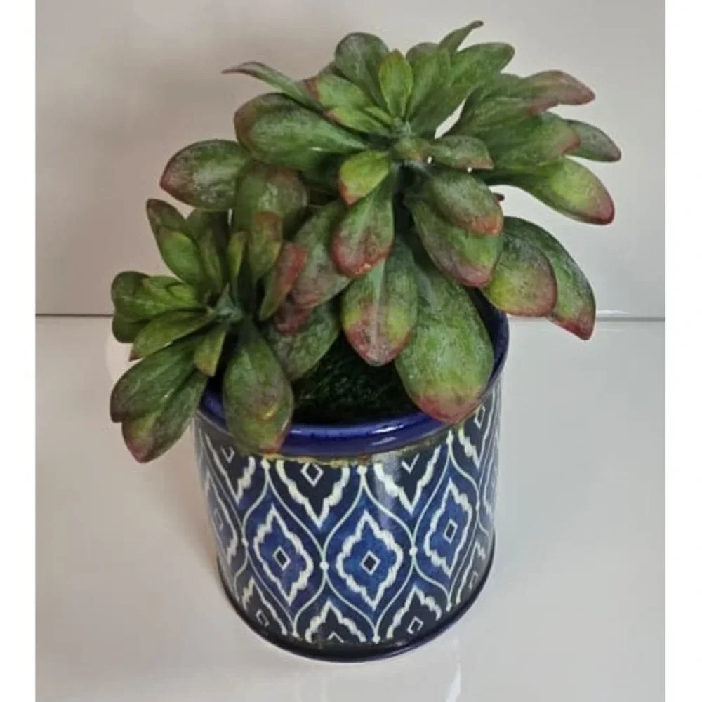 Handcrafted Artificial Succulent in Blue Pot – Unique Decor, No Water Needed!